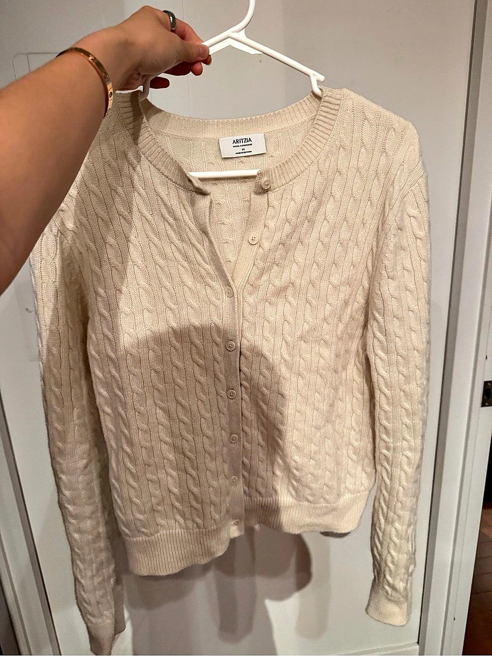 Aritzia Wool Cashmere Noteworthy Cardigan Cable Knit Cream